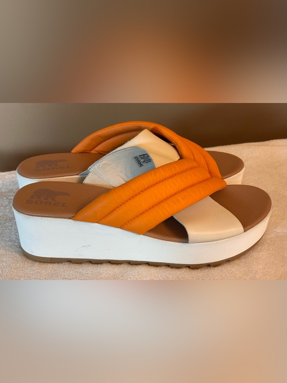 Sorel Roaming Crisscross Platform Slide Sandals Women’s 12 Orange/Cream Leather